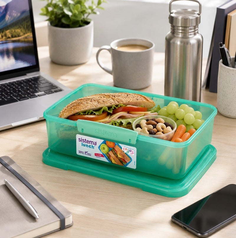 Sistema Lunch 2L Green – BPA Free Reusable Lunch Box with Secure Locking Clip, Large Food Storage Container for Meal Prep, Sandwiches, Salads, School, Office & Travel - Image 5