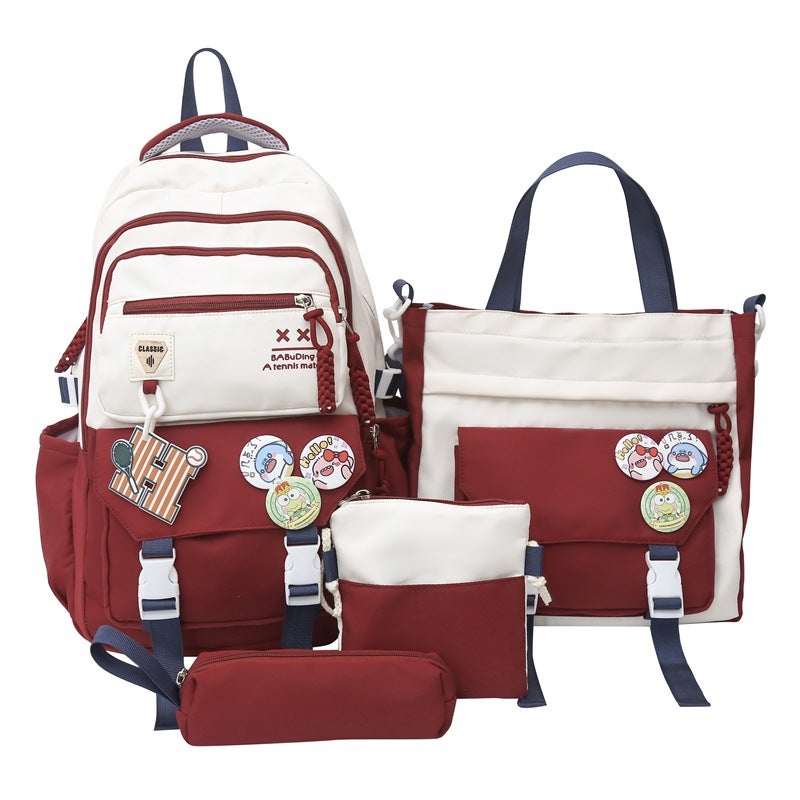 Backpack New Student Schoolbag Fashion Trendy Color-matching Backpack Multi-piece Large Capacity Schoolbag for Primary and Secondary School Students Red four-piece set