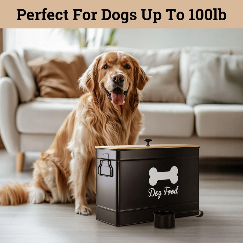 HB Design Co. Dog Food Container Airtight 15 lb (50 Cup) Capacity with Metal Scoop - Cute Airtight Dog Food Storage Container with Bamboo Lid - Black Metal Kibble Storage Bin for Dogs up to 100 lbs - Big Pet Jar - Image 5