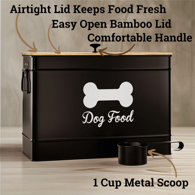 HB Design Co. Dog Food Container Airtight 15 lb (50 Cup) Capacity with Metal Scoop - Cute Airtight Dog Food Storage Container with Bamboo Lid - Black Metal Kibble Storage Bin for Dogs up to 100 lbs - Big Pet Jar - Image 2