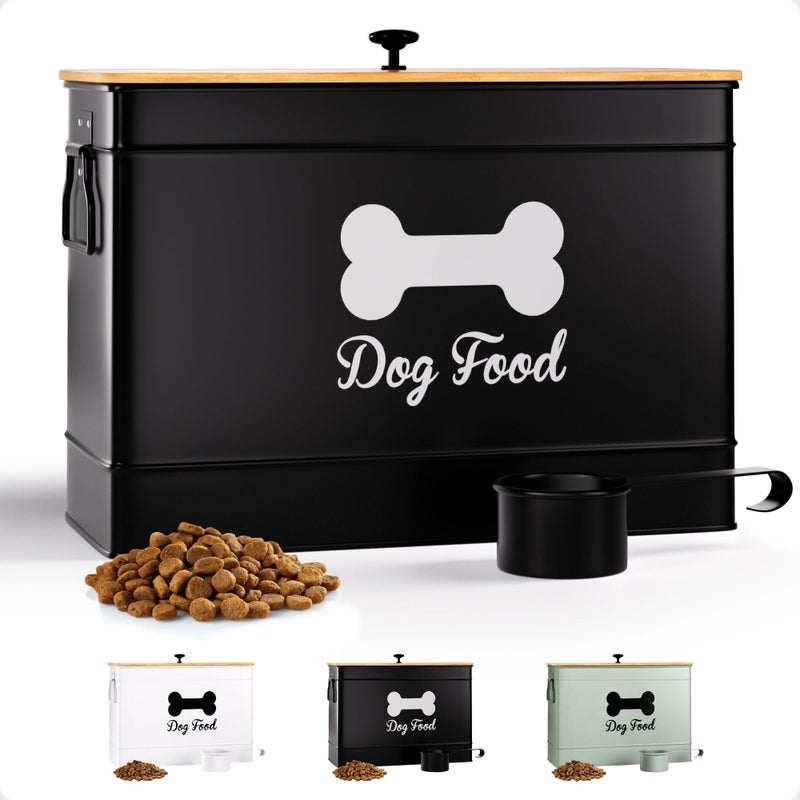 HB Design Co. Dog Food Container Airtight 15 lb (50 Cup) Capacity with Metal Scoop - Cute Airtight Dog Food Storage Container with Bamboo Lid - Black Metal Kibble Storage Bin for Dogs up to 100 lbs - Big Pet Jar - Image 1