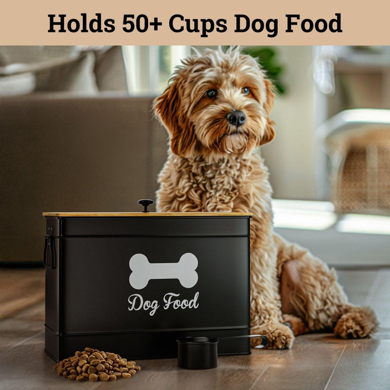 HB Design Co. Dog Food Container Airtight 15 lb (50 Cup) Capacity with Metal Scoop - Cute Airtight Dog Food Storage Container with Bamboo Lid - Black Metal Kibble Storage Bin for Dogs up to 100 lbs - Big Pet Jar - Image 3