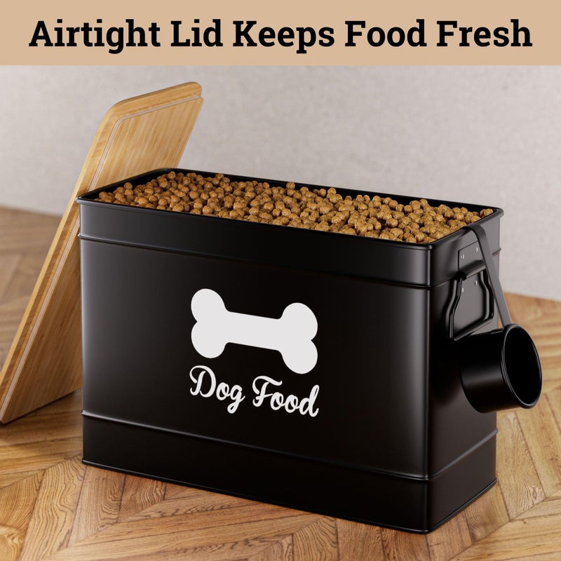 HB Design Co. Dog Food Container Airtight 15 lb (50 Cup) Capacity with Metal Scoop - Cute Airtight Dog Food Storage Container with Bamboo Lid - Black Metal Kibble Storage Bin for Dogs up to 100 lbs - Big Pet Jar - Image 4