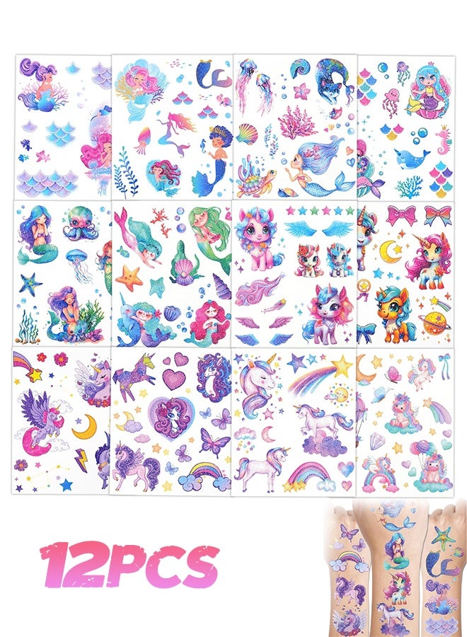 Organizer Glitter Temporary Tattoo for Girls, 12 Sheets Mermaid Unicorn Tattoo Stickers for Kids, Waterproof Fake Tattoos for Birthday Party Favors Supplies - Image 1