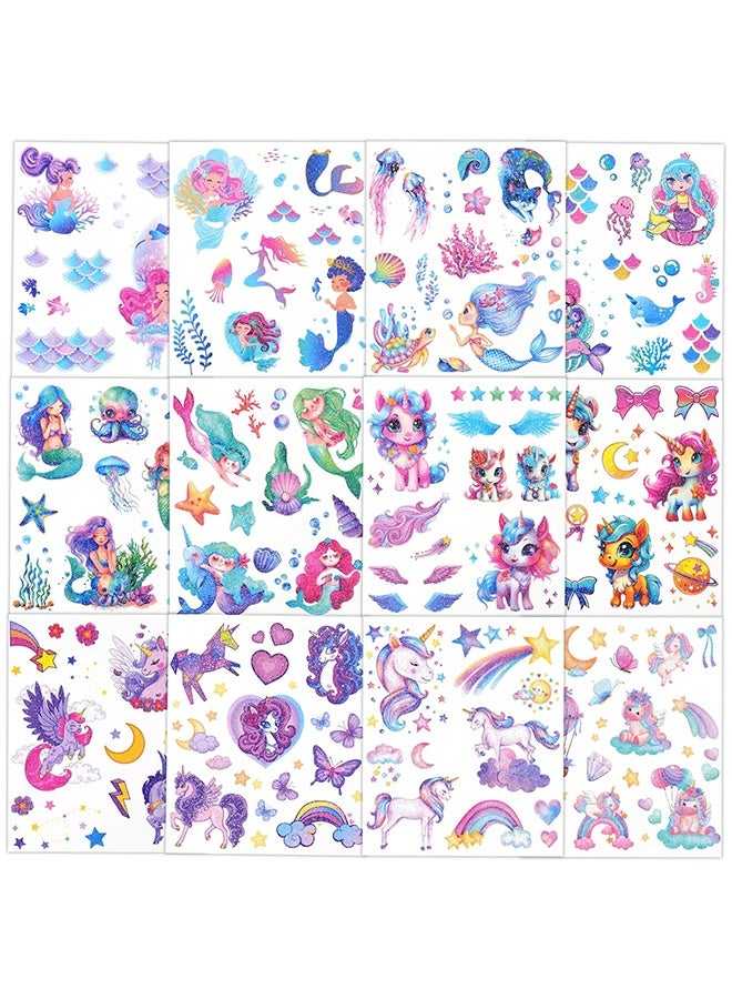 Organizer Glitter Temporary Tattoo for Girls, 12 Sheets Mermaid Unicorn Tattoo Stickers for Kids, Waterproof Fake Tattoos for Birthday Party Favors Supplies - Image 3