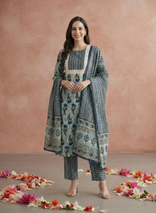 Yuris Women Blue Ethnic Motifs Printed Pure Cotton Kurta with Trousers  With Dupatta - Image 1