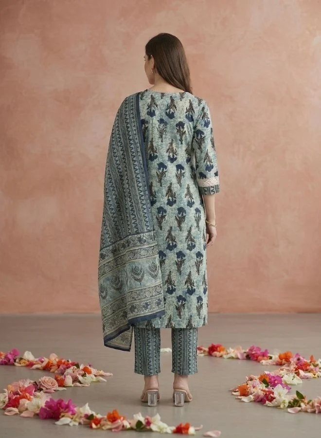 Yuris  Yuris Women Blue Ethnic Motifs Printed Pure Cotton Kurta with Trousers  With Dupatta for Women | Best Price UAE