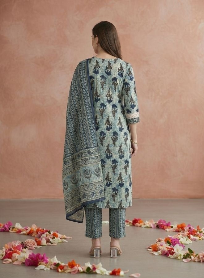 Yuris Women Blue Ethnic Motifs Printed Pure Cotton Kurta with Trousers  With Dupatta - Image 5
