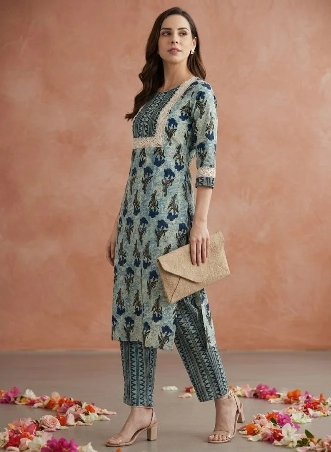 Yuris  Yuris Women Blue Ethnic Motifs Printed Pure Cotton Kurta with Trousers  With Dupatta for Women | Best Price UAE
