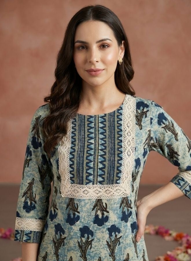 Yuris Women Blue Ethnic Motifs Printed Pure Cotton Kurta with Trousers  With Dupatta - Image 2