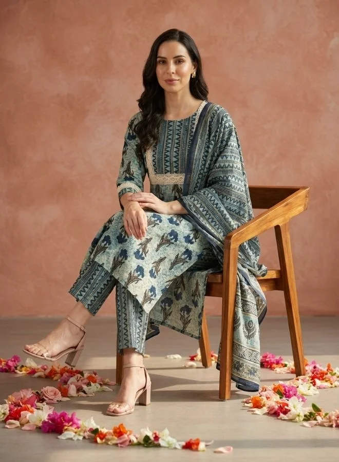 Yuris  Yuris Women Blue Ethnic Motifs Printed Pure Cotton Kurta with Trousers  With Dupatta for Women | Best Price UAE