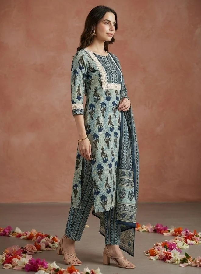 Yuris  Yuris Women Blue Ethnic Motifs Printed Pure Cotton Kurta with Trousers  With Dupatta for Women | Best Price UAE