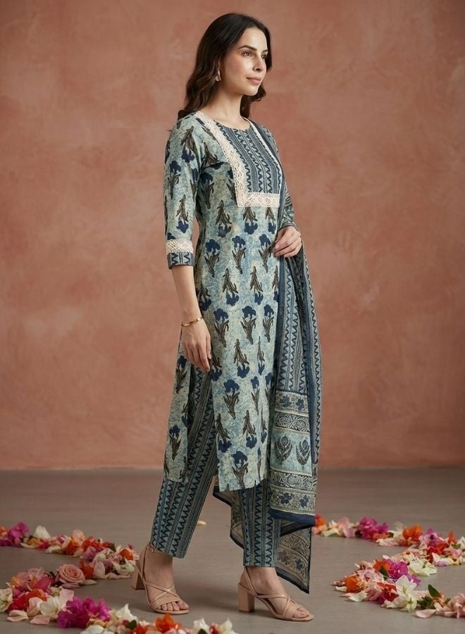 Yuris Women Blue Ethnic Motifs Printed Pure Cotton Kurta with Trousers  With Dupatta - Image 4