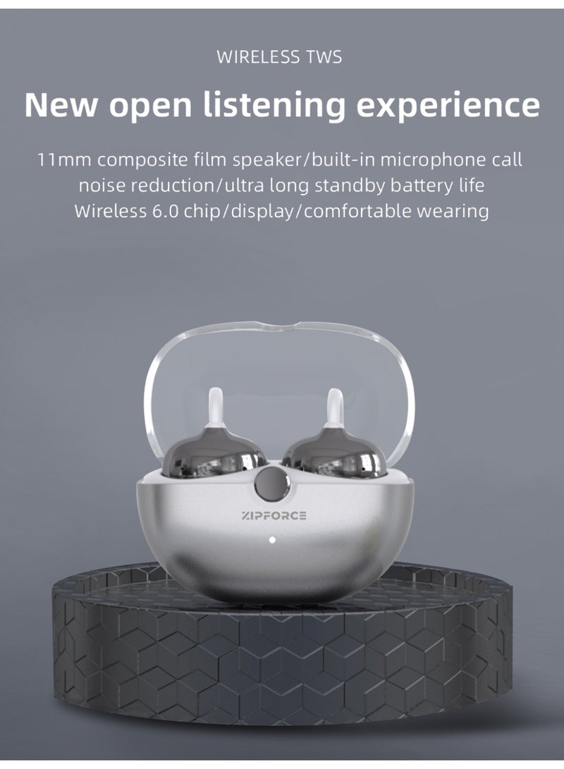 ZIPFORCE J80 True Open Ear  Clip Wireless Earbuds - Bluetooth 6.0, Skin Tone, Lightweight Comfort Clip Design OWS Earphones for Sports & Fitness，Silver - Image 2