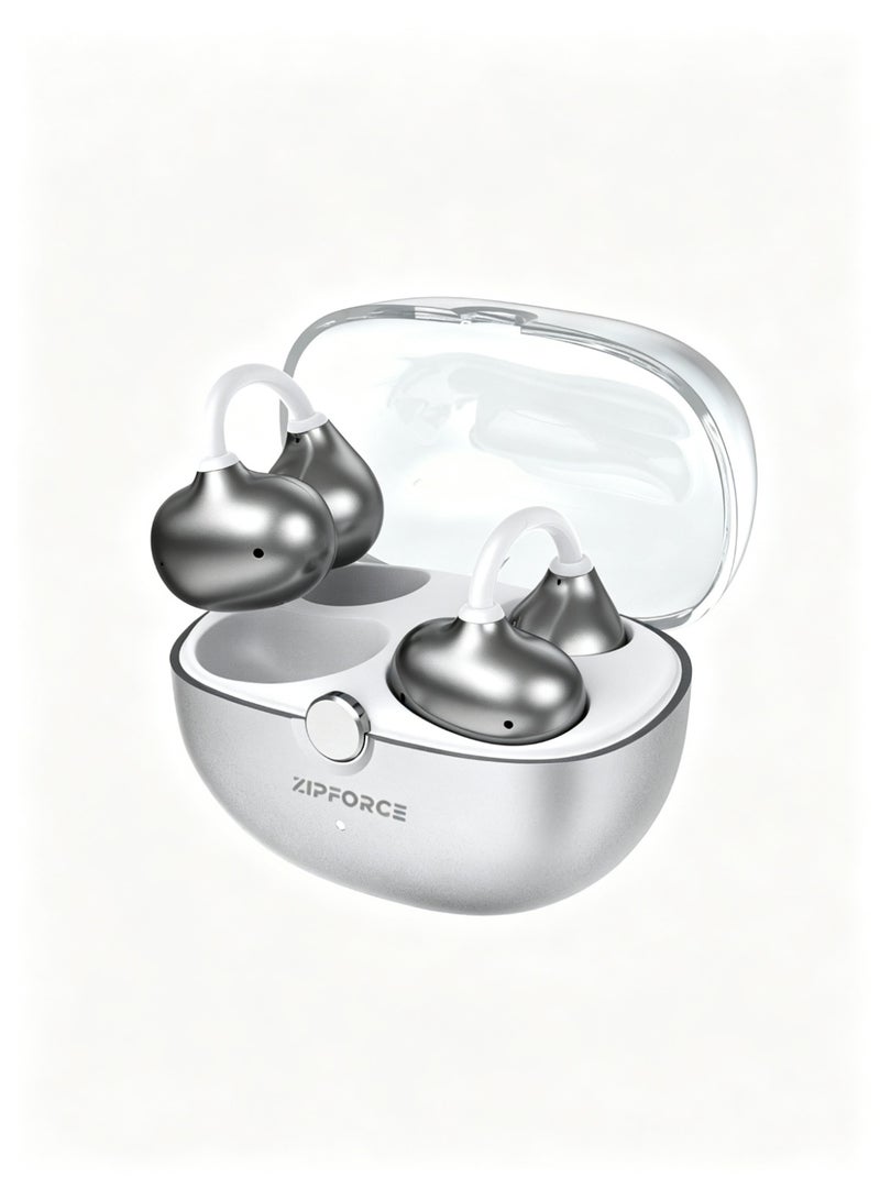 ZIPFORCE J80 True Open Ear  Clip Wireless Earbuds - Bluetooth 6.0,  Lightweight Comfort Clip Design OWS Earphones for Sports & Fitness，Silver - Image 1