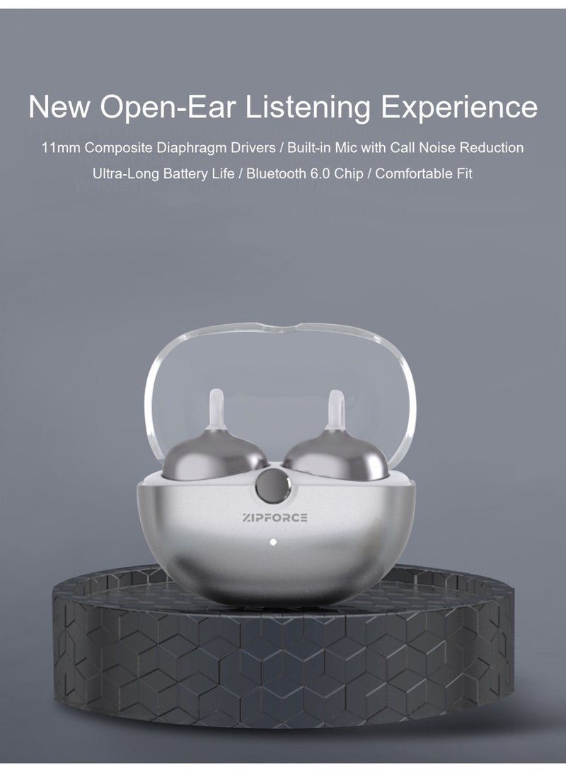 ZIPFORCE J80 True Open Ear  Clip Wireless Earbuds - Bluetooth 6.0,  Lightweight Comfort Clip Design OWS Earphones for Sports & Fitness，Silver - Image 2