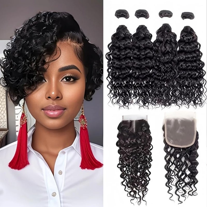 Foruiya Water Wave 4Bundles50gbundle with 4X4 Lace Closure Deep Curly Wavy Hair with Closure Brazilian Wet and Wavy Curly Bundles with Closure88888