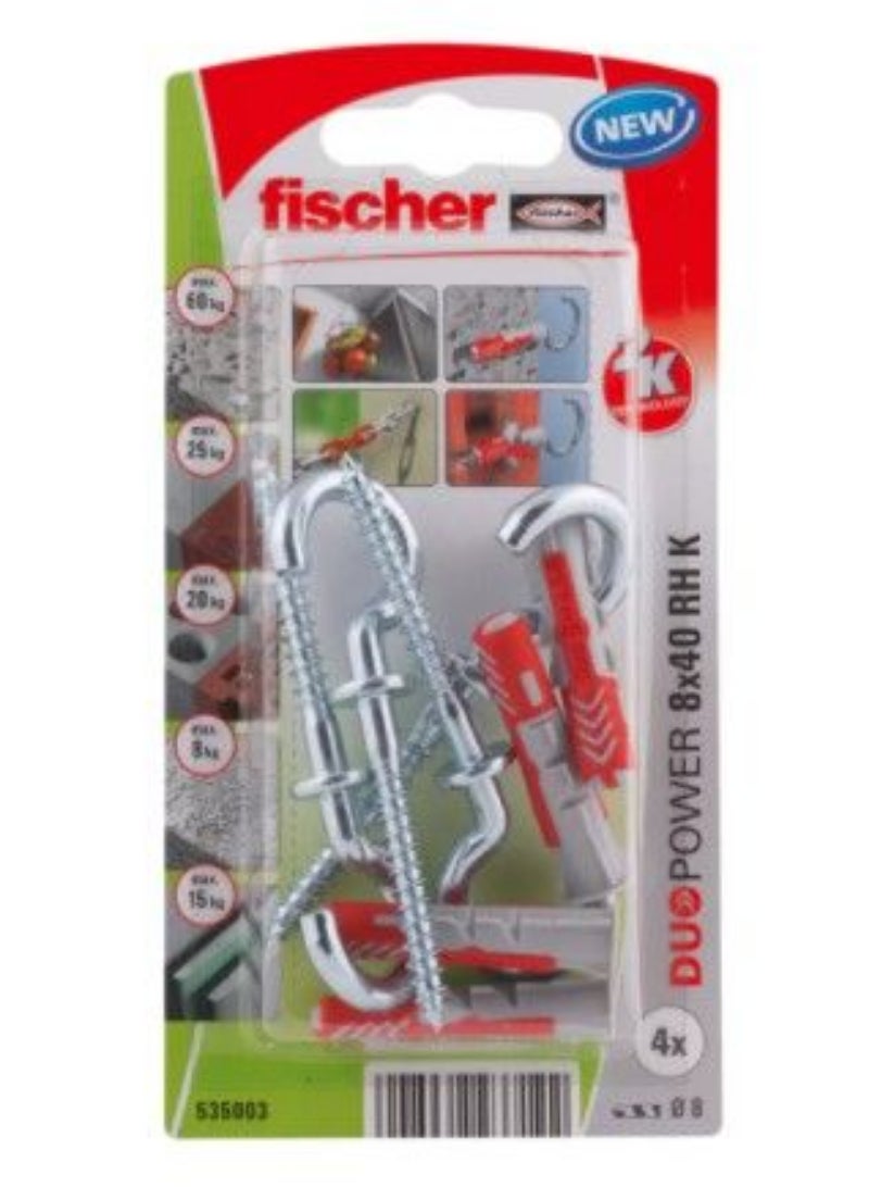 Fischer Universal Plug 8 x 40mm + Round Hook 4Pcs DUOPOWER 8X40 RH K NV 535003