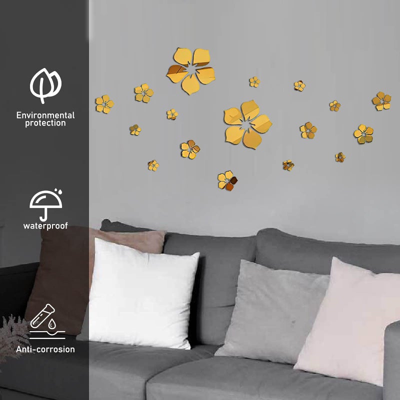 Philbinden Acrylic Mirror Floral Wall Stickers Self Adhesive Mirror Wall Decor Removable Mirror Decor 3D Flower DIY Wall Sticker for Living Room Bedroom Bathroom (Gold) - Image 4