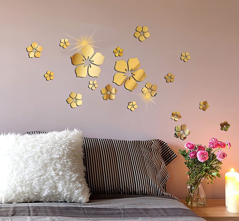 Philbinden Acrylic Mirror Floral Wall Stickers Self Adhesive Mirror Wall Decor Removable Mirror Decor 3D Flower DIY Wall Sticker for Living Room Bedroom Bathroom (Gold) - Image 2