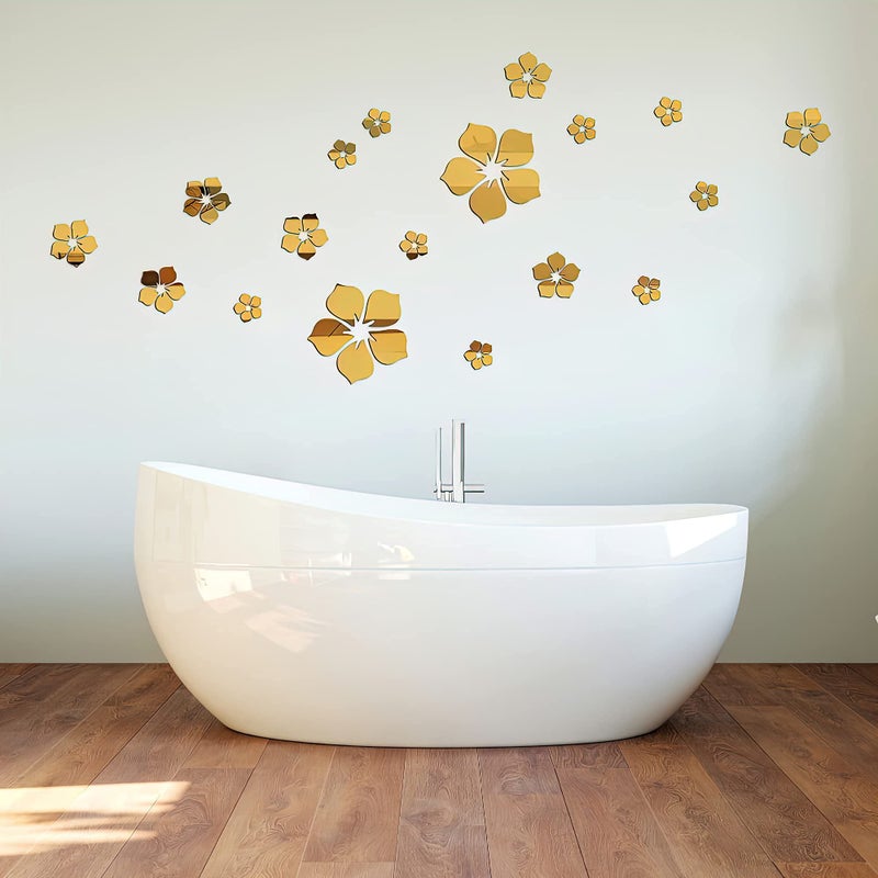Philbinden Acrylic Mirror Floral Wall Stickers Self Adhesive Mirror Wall Decor Removable Mirror Decor 3D Flower DIY Wall Sticker for Living Room Bedroom Bathroom (Gold) - Image 3