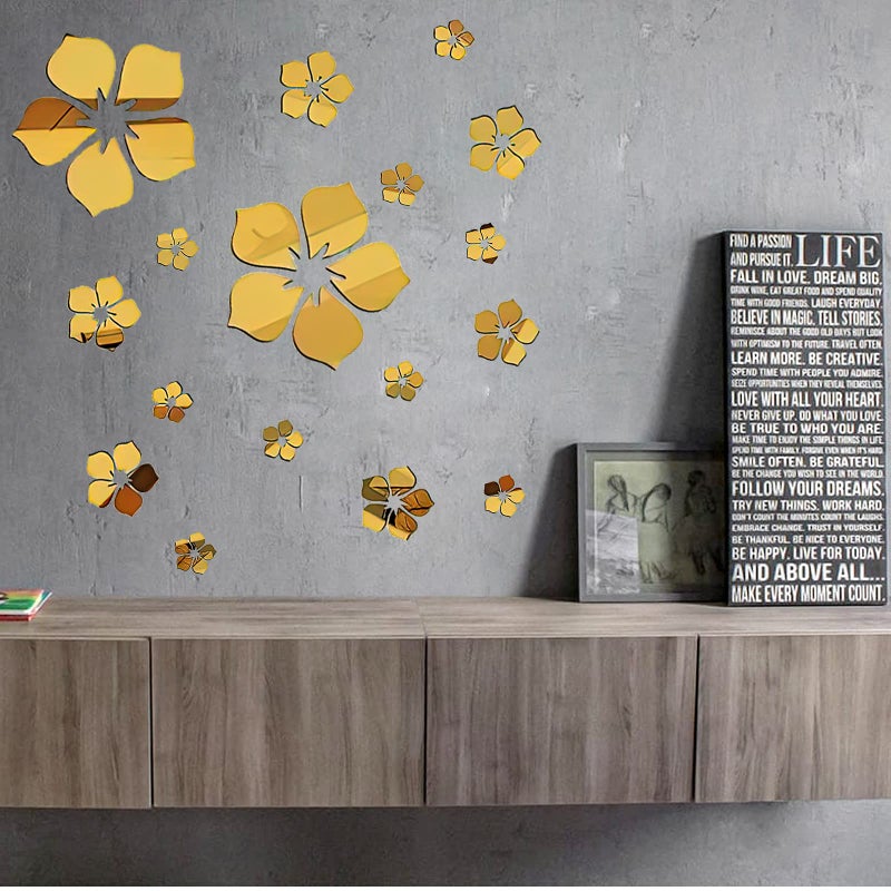 Philbinden Acrylic Mirror Floral Wall Stickers Self Adhesive Mirror Wall Decor Removable Mirror Decor 3D Flower DIY Wall Sticker for Living Room Bedroom Bathroom (Gold) - Image 5