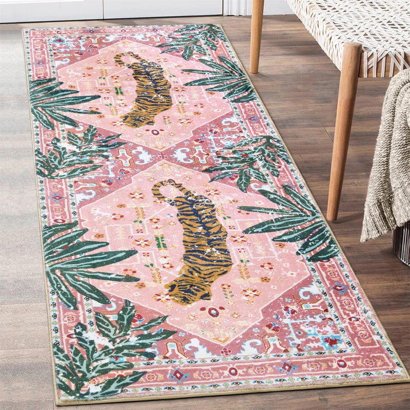 Aldopein Oriental Tropical Kitchen Runner Rug 2x5 Washable, Thin Stain Resistant Pink Boho Bathroom Runner Rug for Hallway Entryway Bedroom Laundry, Vintage Abstract Hippie Botanical Long Carpet - Image 1