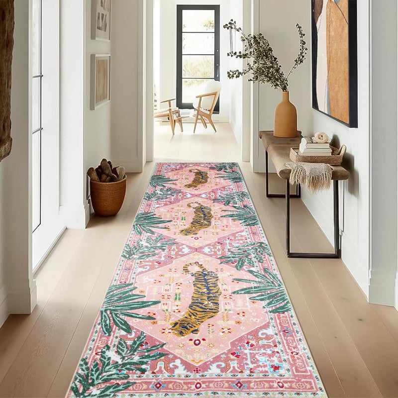 Aldopein Oriental Tropical Kitchen Runner Rug 2x5 Washable, Thin Stain Resistant Pink Boho Bathroom Runner Rug for Hallway Entryway Bedroom Laundry, Vintage Abstract Hippie Botanical Long Carpet - Image 2