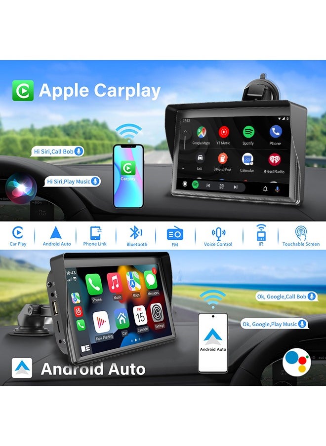 CarPlay & Android Auto 7-Inch Car Stereo MP5 Player with Sunshade – Bluetooth 5.1, FM Radio, USB & TF Card, Rear Camera Support – Easy Plug & Play for SUV & Sedan
