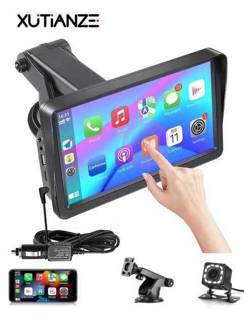 7" Portable Wireless CarPlay & Android Auto Screen with Sunshade, TF/USB Playback, FM/AUX Output, Easy Install 12V–24V