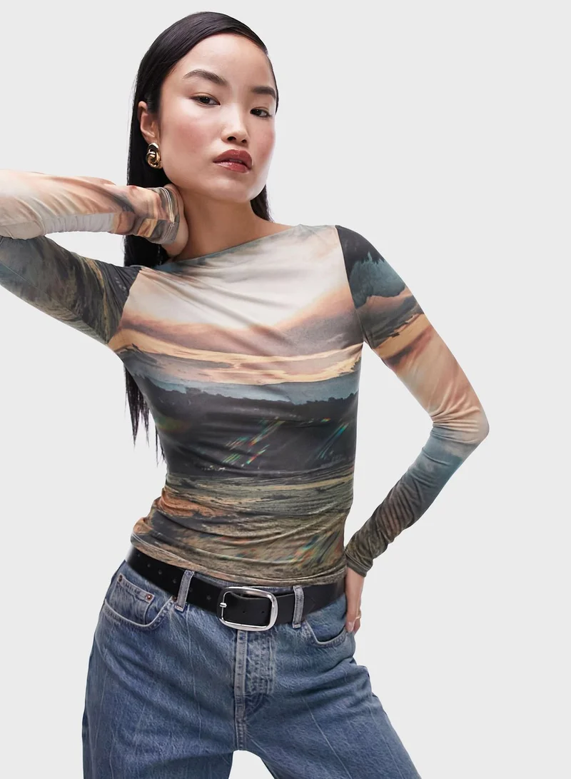 TOPSHOP Crew Neck Printed Top