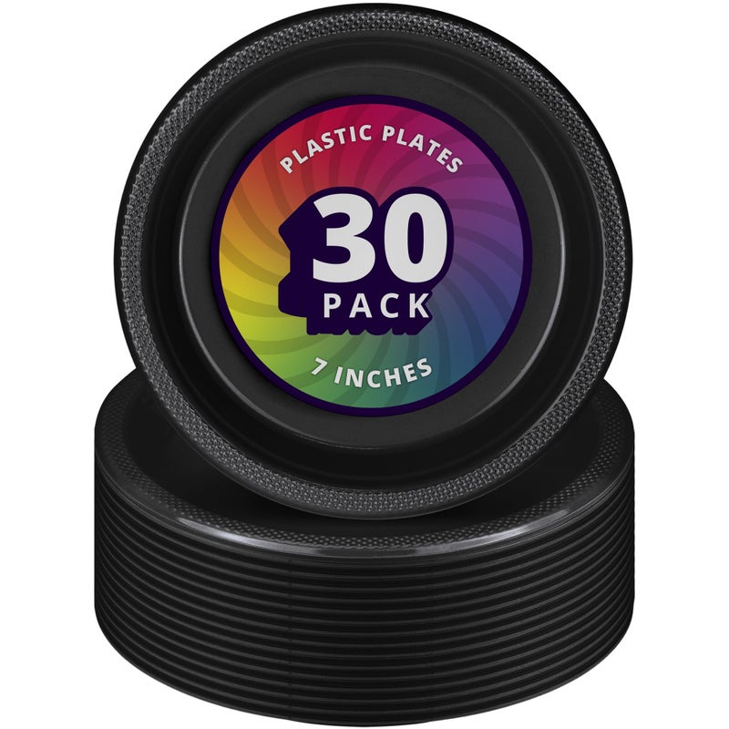 DecorRack 30 Small Plastic Plates Heavy Duty 7 inch Disposable Party Ware for Kids Birthday Cake Dessert Plates Holiday Tableware Black Pack of 30 - Image 3