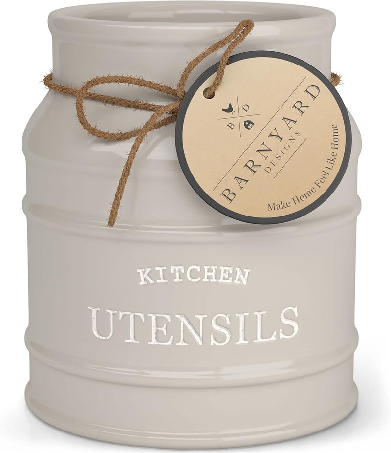 BARNYARD DESIGNS Ceramic Utensil Crock Holder for Kitchen Counter, Rustic Farmhouse Countertop Decor, French Country Organizer for Cooking Utensils, Spatulas and Mixing Spoons, Taupe, 6ââ‚¬Â x 6.75" - Image 1