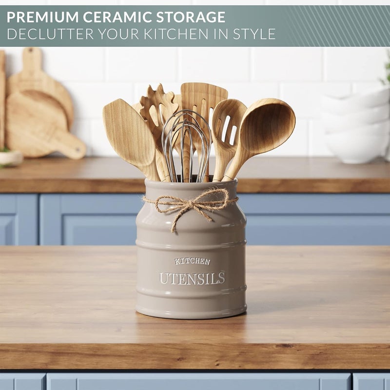 BARNYARD DESIGNS Ceramic Utensil Crock Holder for Kitchen Counter, Rustic Farmhouse Countertop Decor, French Country Organizer for Cooking Utensils, Spatulas and Mixing Spoons, Taupe, 6ââ‚¬Â x 6.75" - Image 5