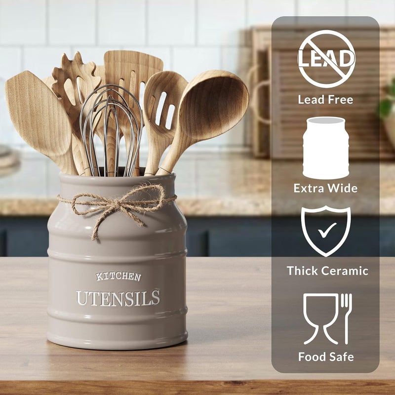 BARNYARD DESIGNS Ceramic Utensil Crock Holder for Kitchen Counter, Rustic Farmhouse Countertop Decor, French Country Organizer for Cooking Utensils, Spatulas and Mixing Spoons, Taupe, 6ââ‚¬Â x 6.75" - Image 3