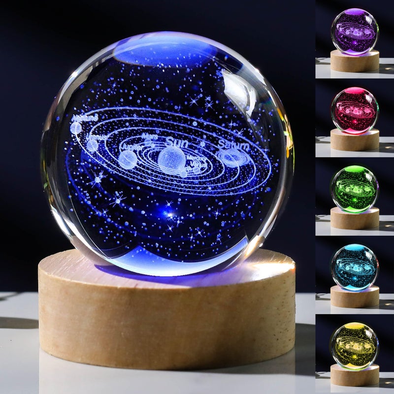 3D Solar System Crystal Ball with LED Colorful Lighting Touch Base Solar System Model Decor Science Astronomy Gifts God Bless The World Easter Religious Space Gifts Decor