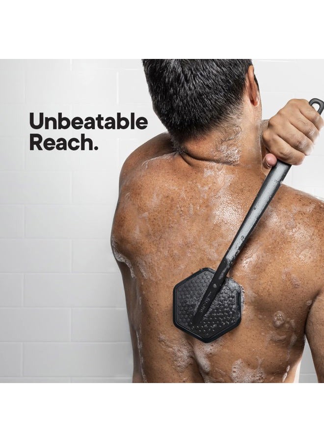 TOOLETRIES فرشاة ظهر سيليكونية مع خطاف - فرشاة استحمام مقشرة، غسالة ظهر للرجال، فرشاة ظهر متينة بمقبض طويل - ملحقات استحمام ودش تدوم طويلاً - فحم - Image 2