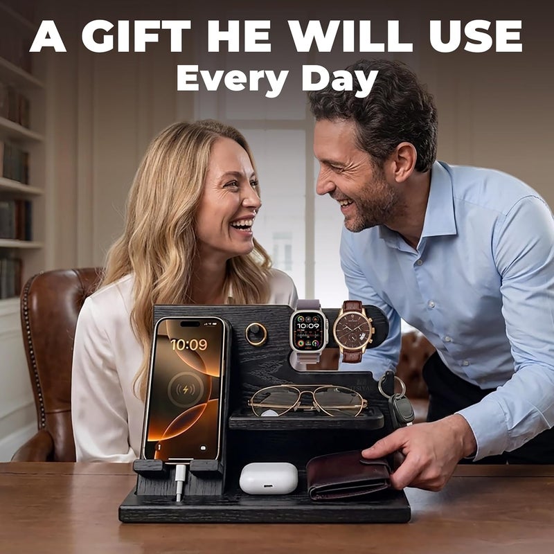 TESLYAR Wood Phone Docking Station for Men - Desk or Nightstand Organizer - Birthday Gifts for Husband, Dad - Anniversary Idea from Wife - Key Holder, Stand Wallet, Watch & Essentials (Granite Black) - Image 5