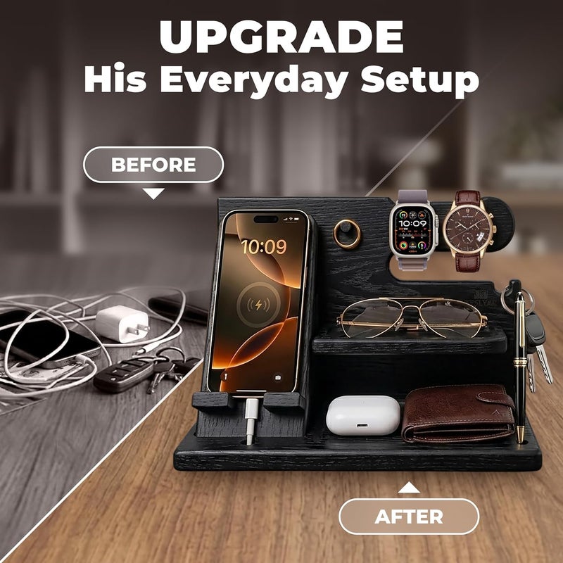 TESLYAR Wood Phone Docking Station for Men - Desk or Nightstand Organizer - Birthday Gifts for Husband, Dad - Anniversary Idea from Wife - Key Holder, Stand Wallet, Watch & Essentials (Granite Black) - Image 3
