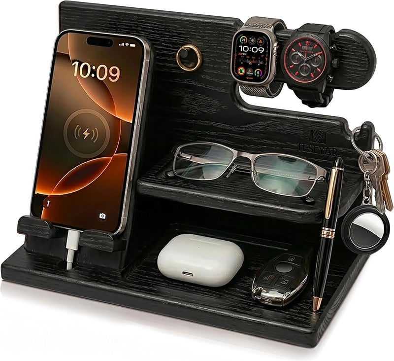 TESLYAR Wood Phone Docking Station for Men - Desk or Nightstand Organizer - Birthday Gifts for Husband, Dad - Anniversary Idea from Wife - Key Holder, Stand Wallet, Watch & Essentials (Granite Black) - Image 1
