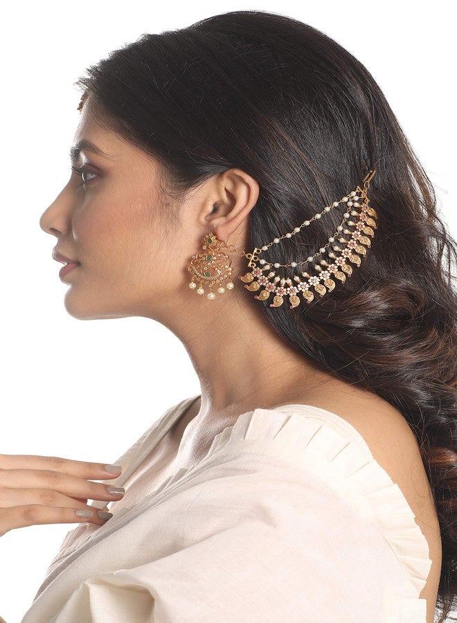 TARINIKA Antique Gold Plated Ear Chain | Traditional Indian Brass Jewelry with CZ and Pearls for Wedding & Festive Events Hair Jewellery (Aarohi Antique(Red)) - Image 3