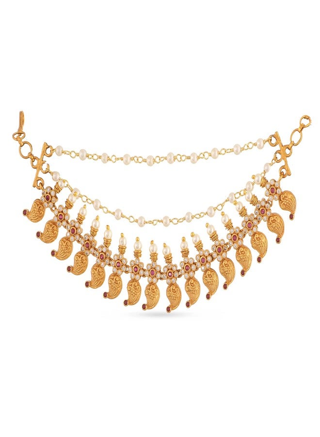 TARINIKA Antique Gold Plated Ear Chain | Traditional Indian Brass Jewelry with CZ and Pearls for Wedding & Festive Events Hair Jewellery (Aarohi Antique(Red)) - Image 5
