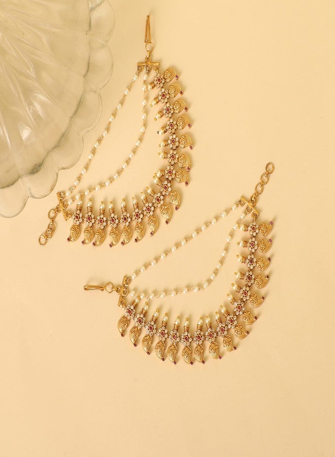 TARINIKA Antique Gold Plated Ear Chain | Traditional Indian Brass Jewelry with CZ and Pearls for Wedding & Festive Events Hair Jewellery (Aarohi Antique(Red)) - Image 4