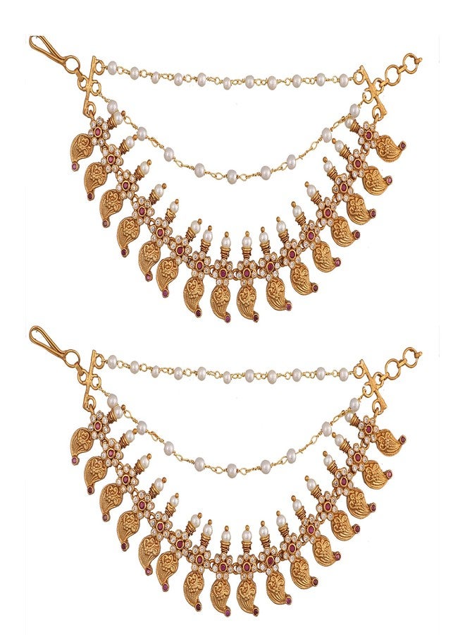 TARINIKA Antique Gold Plated Ear Chain | Traditional Indian Brass Jewelry with CZ and Pearls for Wedding & Festive Events Hair Jewellery (Aarohi Antique(Red)) - Image 1