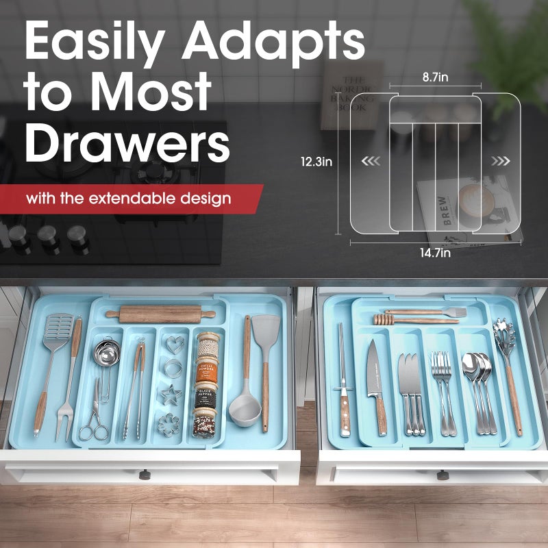 Aujen Silverware Organizer - Expandable Kitchen Drawer Organizer, Adjustable Utensil Organizer, Cutlery Tray for Forks, Knives, Multipurpose Kitchen Organizers and Storage Solution, Blue, Medium - Image 2