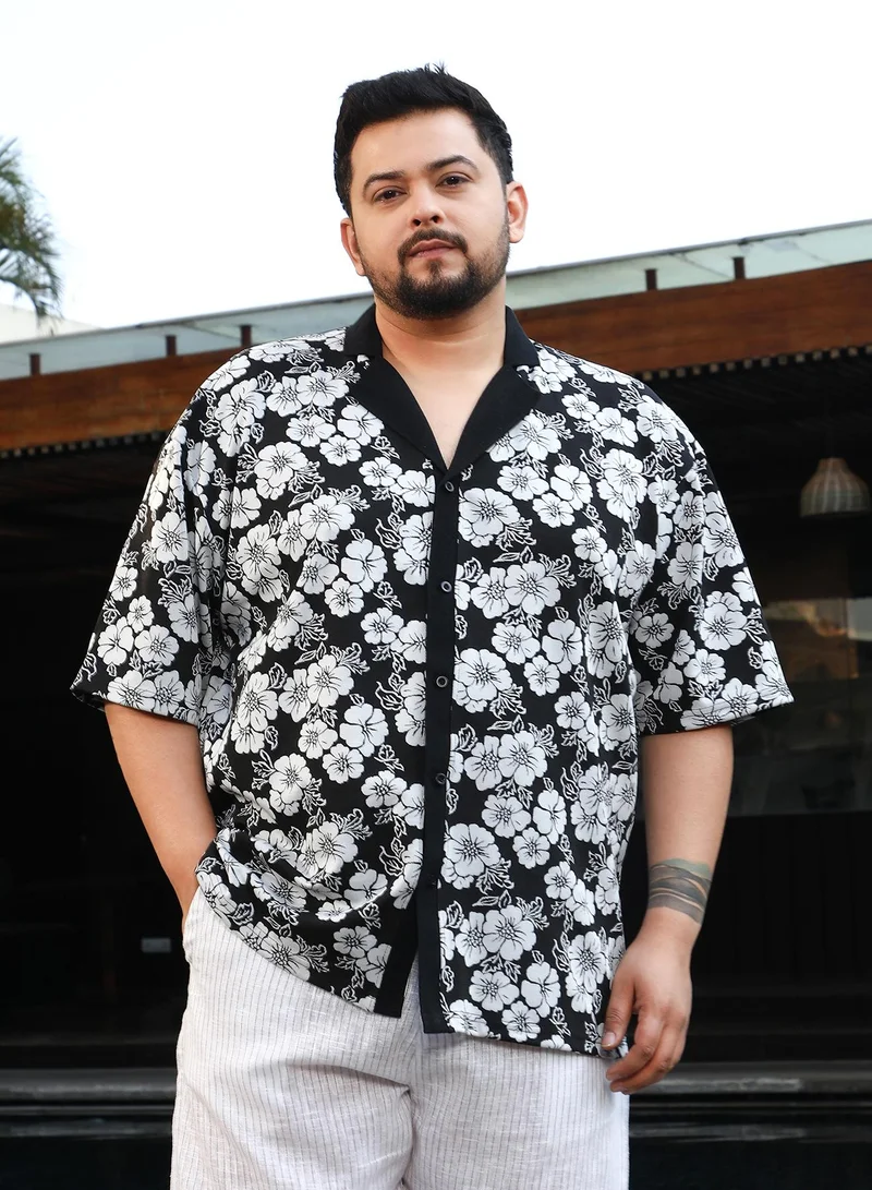 Instafab Plus Instafab Plus Men's Black & White Bloom-Imprint Cuban-Polo Shirt For Casual Wear | Polo Neck | Short Regular Sleeves | Button Closure | Plus Size Shirt Crafted With Comfort Fit For Everyday Wear