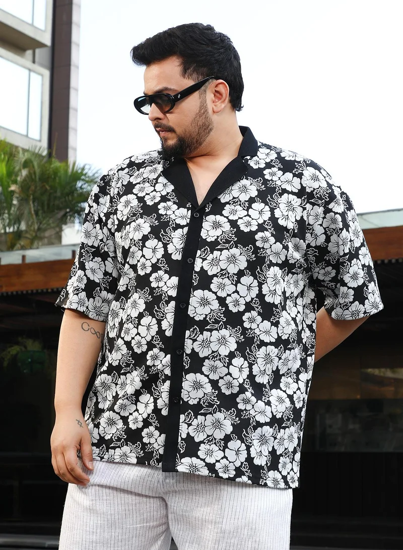 Instafab Plus Instafab Plus Men's Black & White Bloom-Imprint Cuban-Polo Shirt For Casual Wear | Polo Neck | Short Regular Sleeves | Button Closure | Plus Size Shirt Crafted With Comfort Fit For Everyday Wear