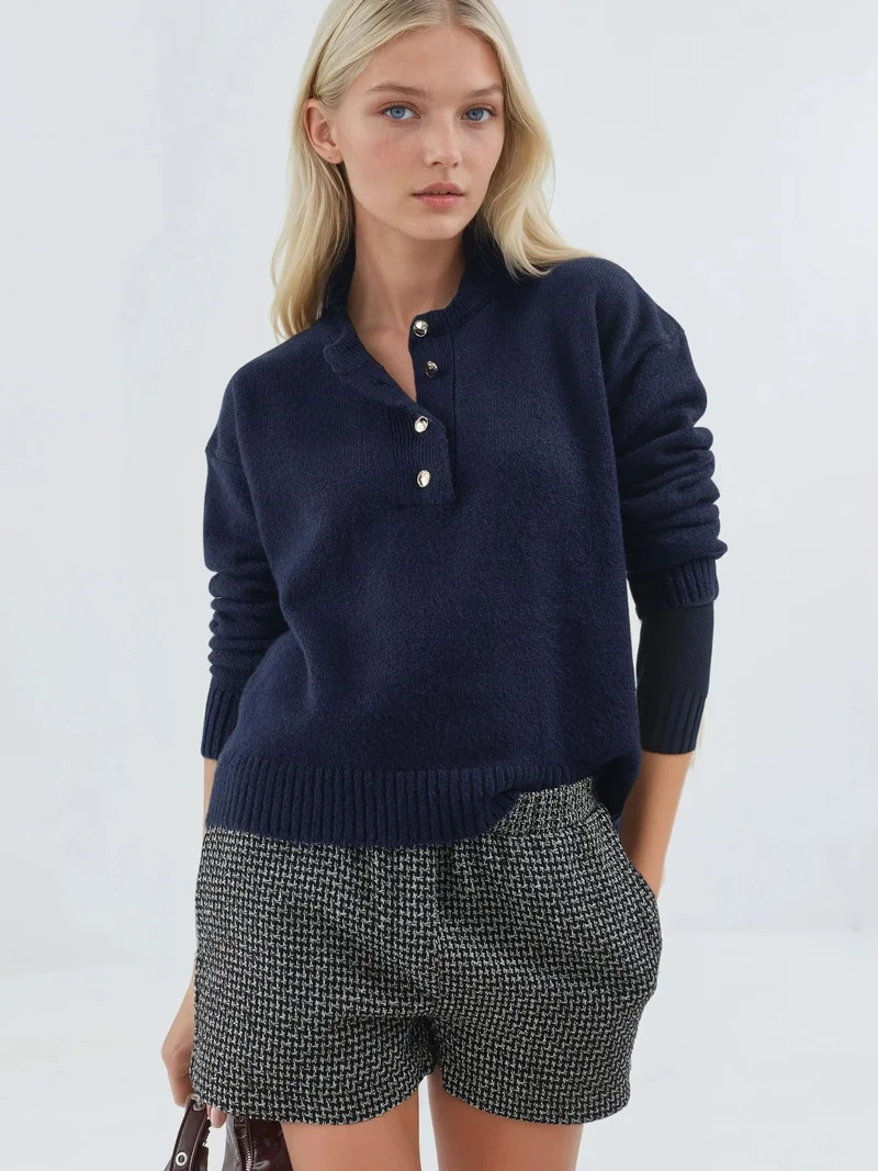 HICCUP Soft Textured Knit Sweater with Buttons