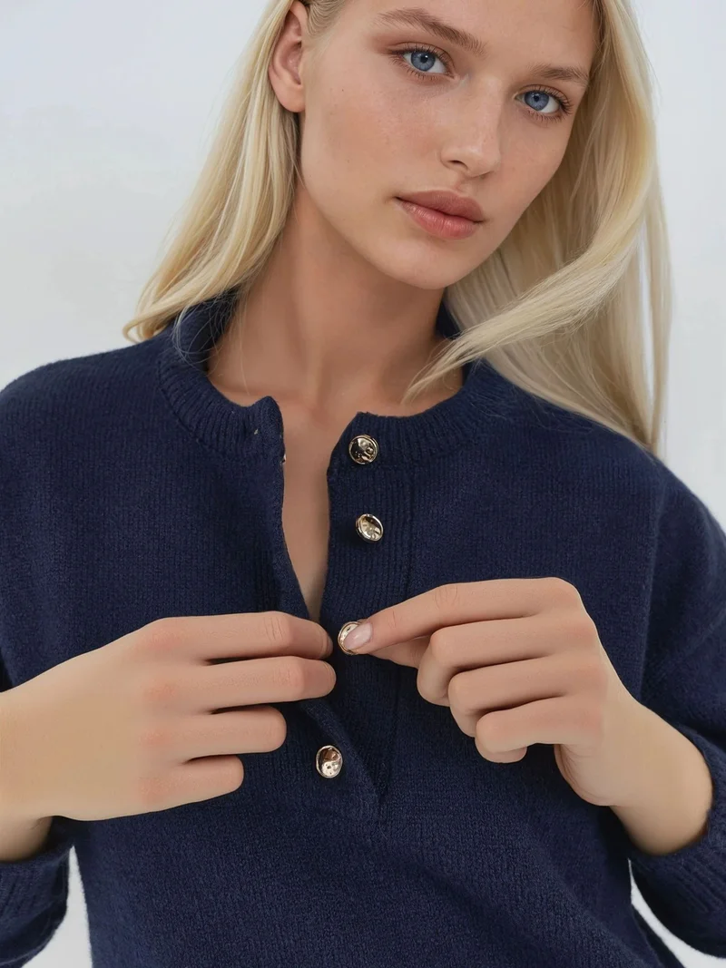 HICCUP Soft Textured Knit Sweater with Buttons