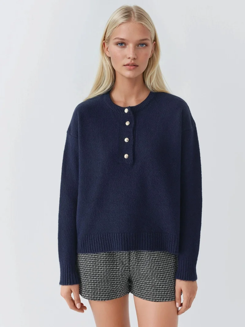 HICCUP Soft Textured Knit Sweater with Buttons